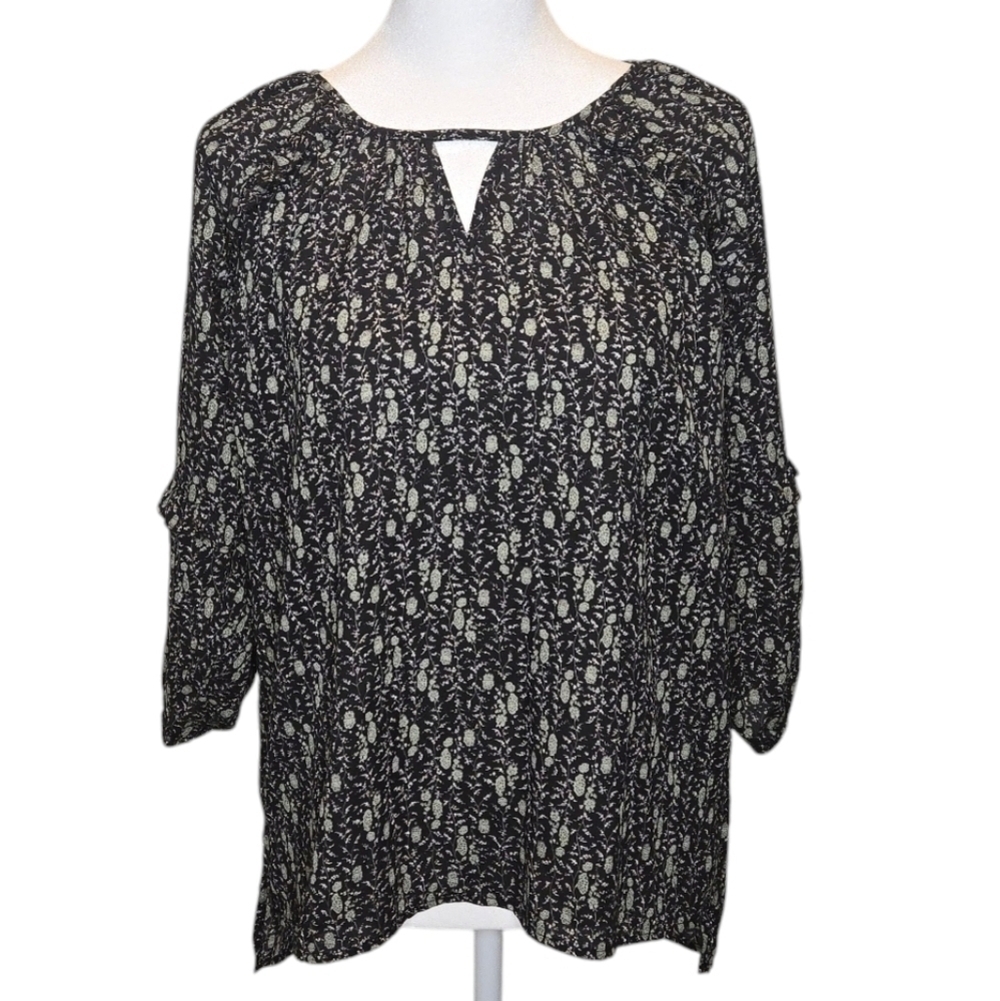 NWOT Beacon Apparel 3/4 Length Sleeve Ruffled Top Navy/Green Size XS